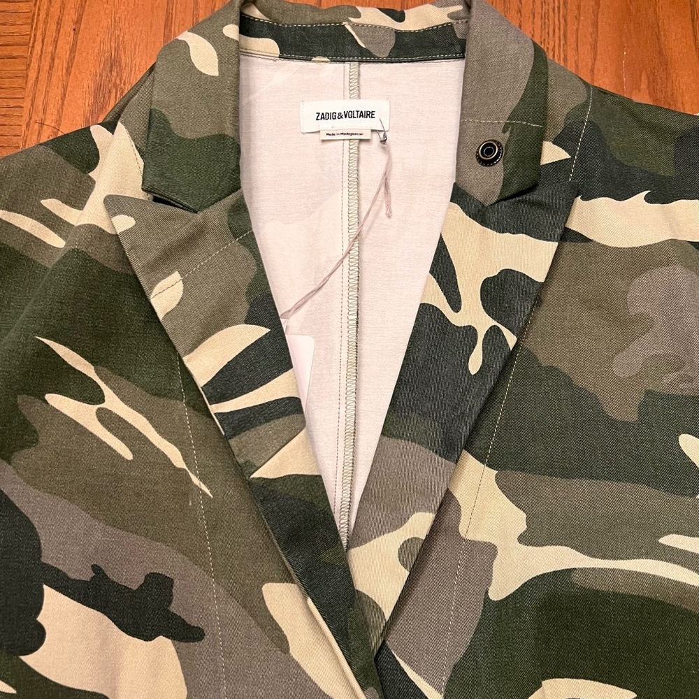 Zadig & Voltaire Virginia Camo Raw-Edge Button-Front Cotton Blazer Jacket‎ Large - Picture 13 of 16
